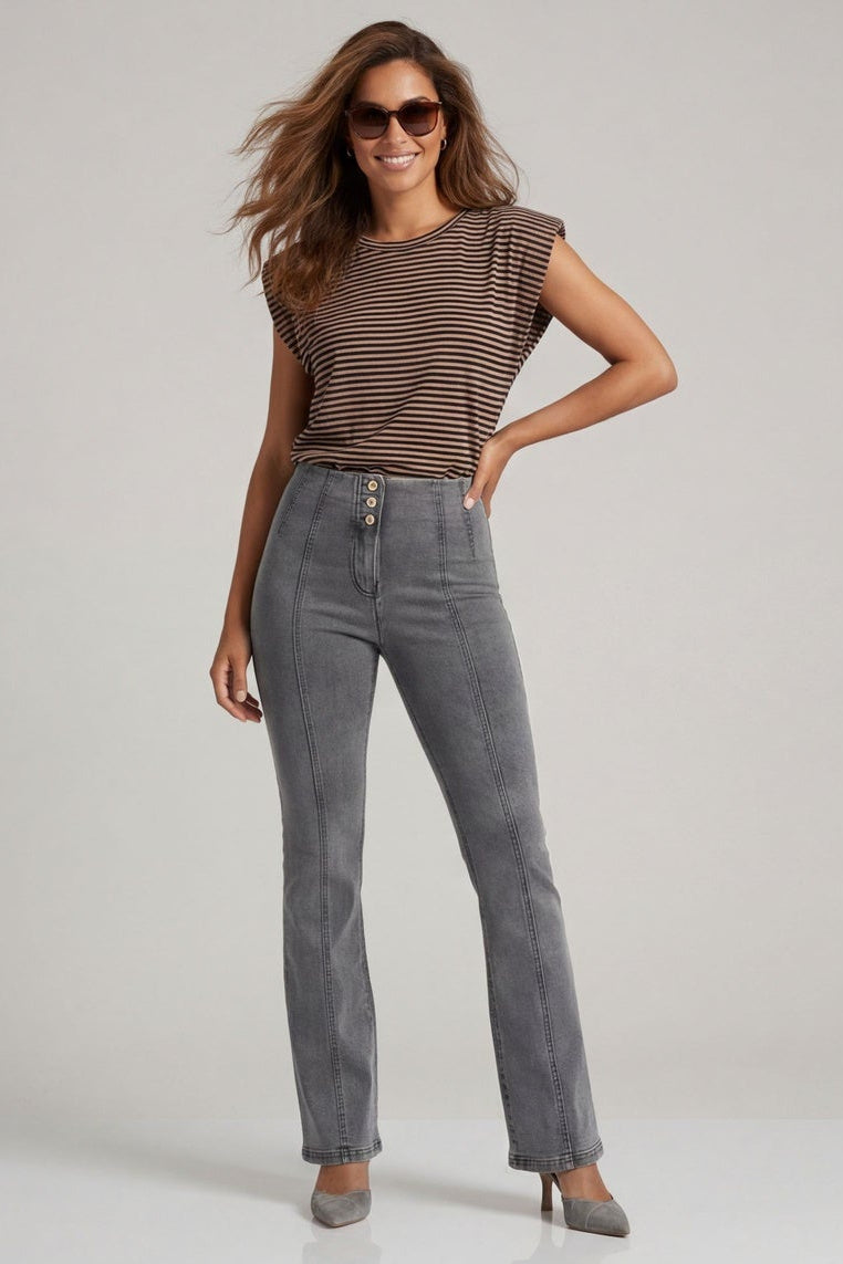 Woman wearing gray jeans and a brown top, shown from front and back on a plain background