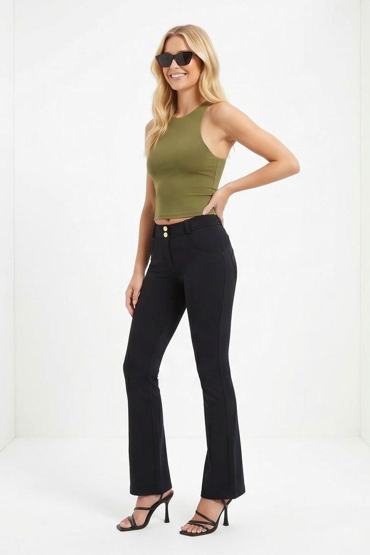 Woman wearing a green top and black pants, shown from front and back on a white background.
