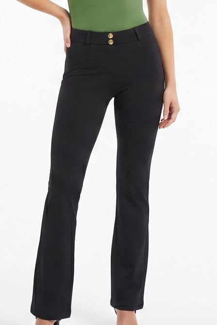Woman wearing a green top and black pants, shown from front and back on a white background.