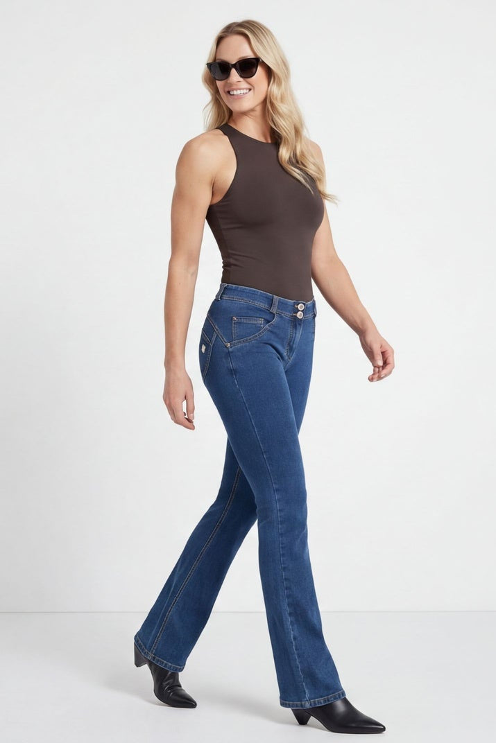 Woman wearing blue jeans shown from rear and front-side views on a white background