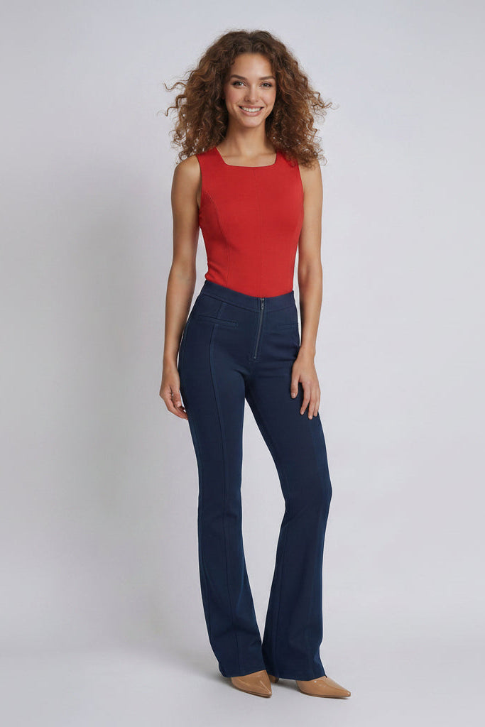 Woman wearing a red top and blue jeans, shown from front and back on a white background