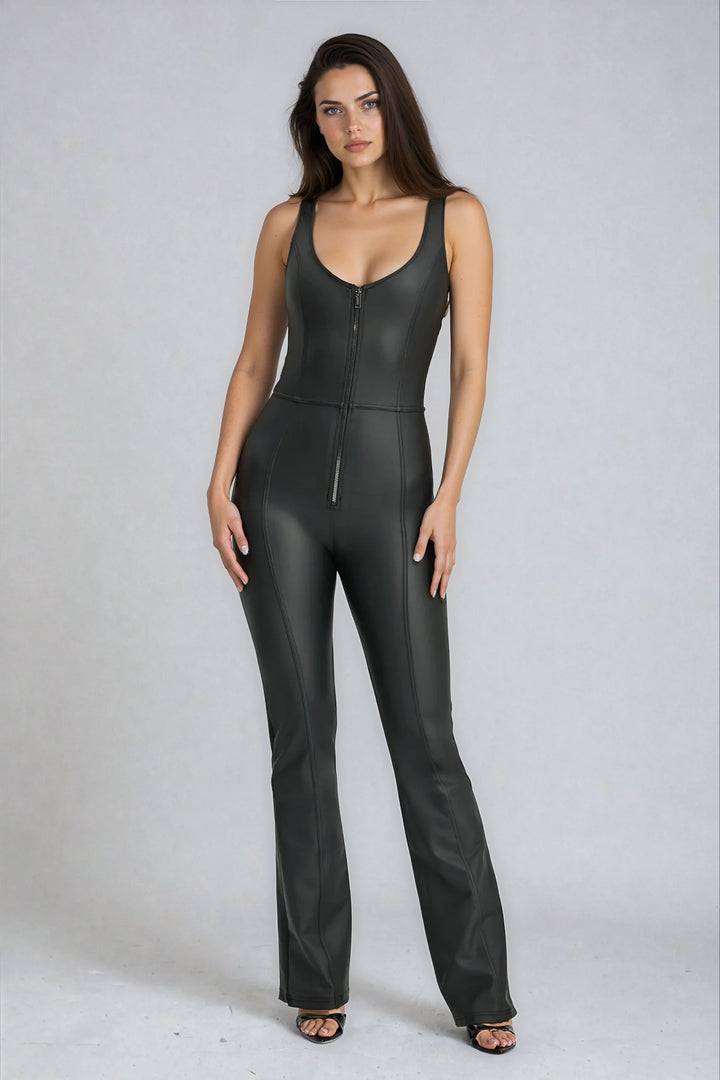 (WRUP19RF459-N) Leather Look One Piece met Zilveren Zip