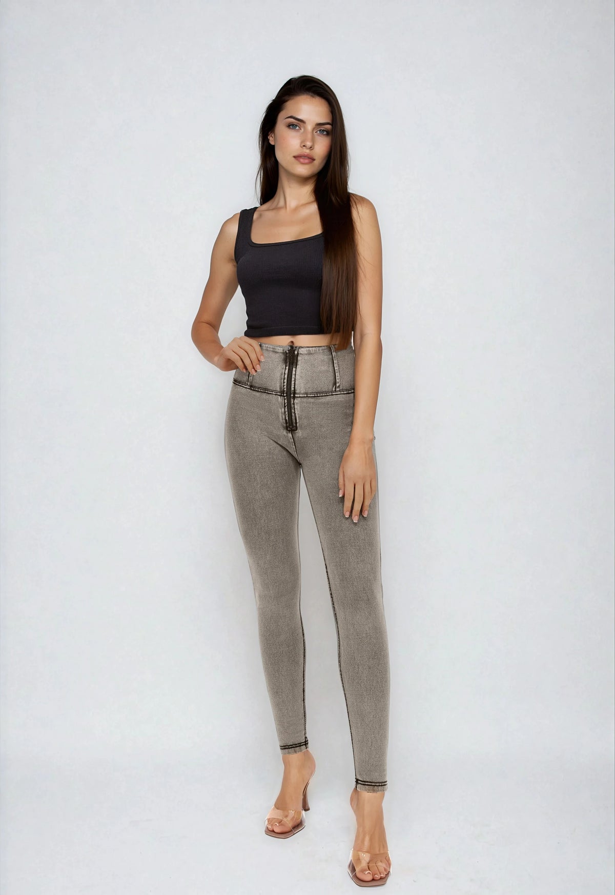 (WRUP2HC002ORG-J3N) Grijze WR.UP® avec haute taille et fermeture éclair en look denim agrandi