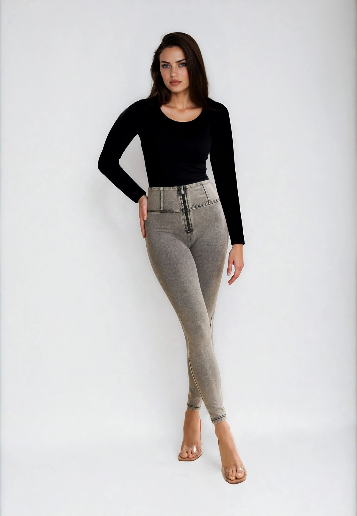 (WRUP2HC002ORG-J3N) Grijze WR.UP® avec haute taille et fermeture éclair en look denim