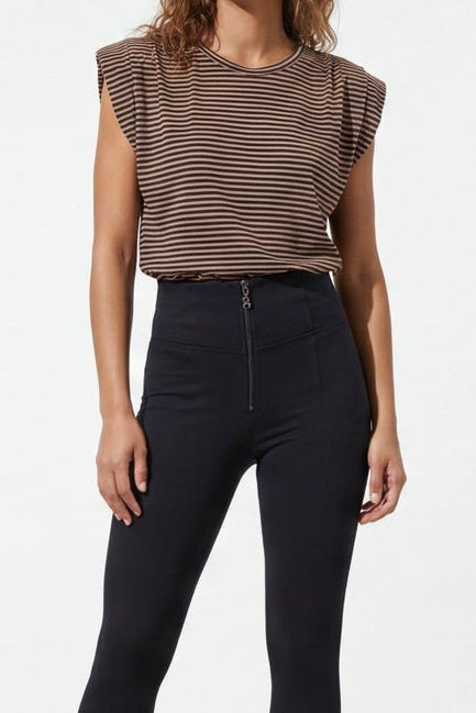 Woman wearing a brown sleeveless top and black pants, shown from front and back on a white background.
