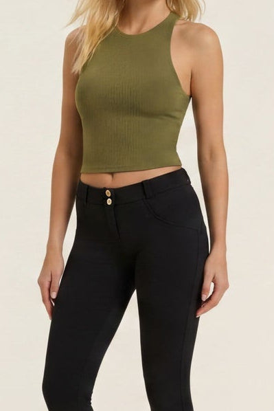 Woman wearing a green tank top and black leggings from different angles on a white background