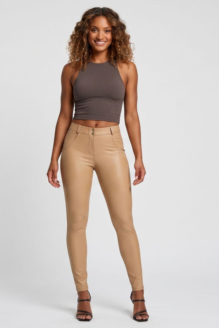 Woman wearing beige pants and a brown top, shown from front and back on a white background.