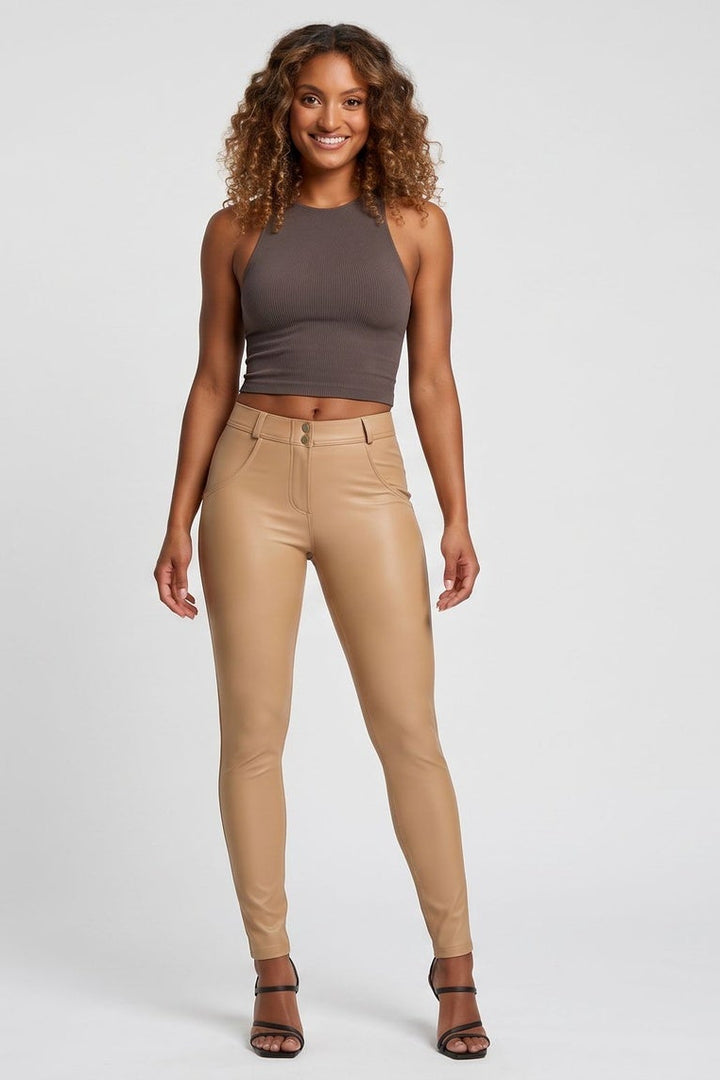 Woman wearing beige pants and a brown top, shown from front and back on a white background.