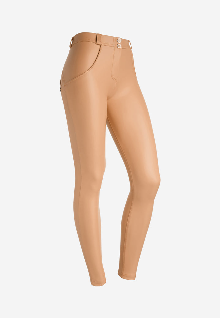 freddy pantroom leatherlook eco faux leather stretch comfortable pants broek nepleer regular waist beige brown shaping shapewear