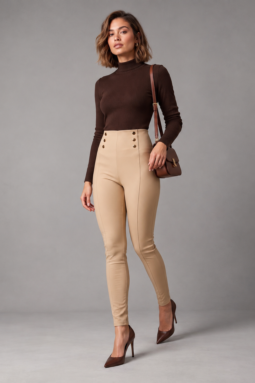 beuge camel leather, legging trouser gold button skinny 