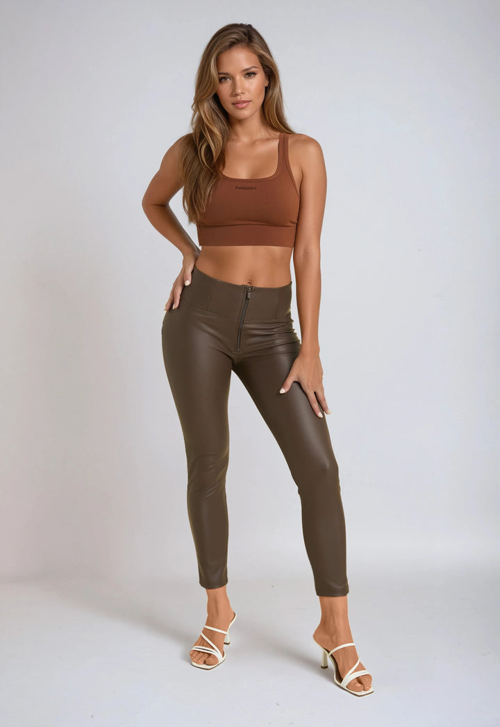 WRUP2HC006PREC-M12 Bruine WR.UP® Leather Look met een Hoge Taille en Rits Sluiting