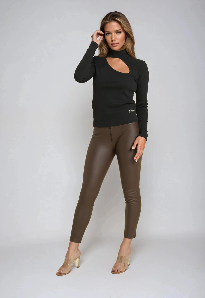 WRUP2HC006PREC-M12 Bruine WR.UP® Leather Look met een Hoge Taille en Rits Sluiting