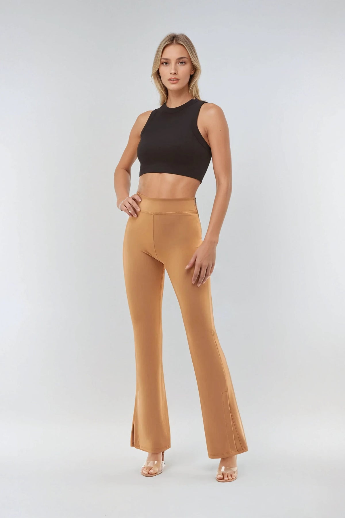 (WRUP11SHS435-M44) Flare Satin Look Leather Look Hoge Taille WR.UP® met Wijde Pijp en Split aan de Enkel enlarged
