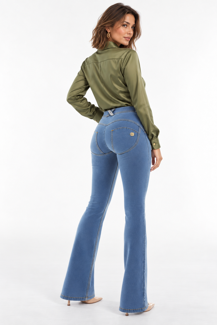 BLUE DENIM FLARE FLARED WIJDE PIJP UITLOPEND JEANS STRETCH SHAPING PUSH UP