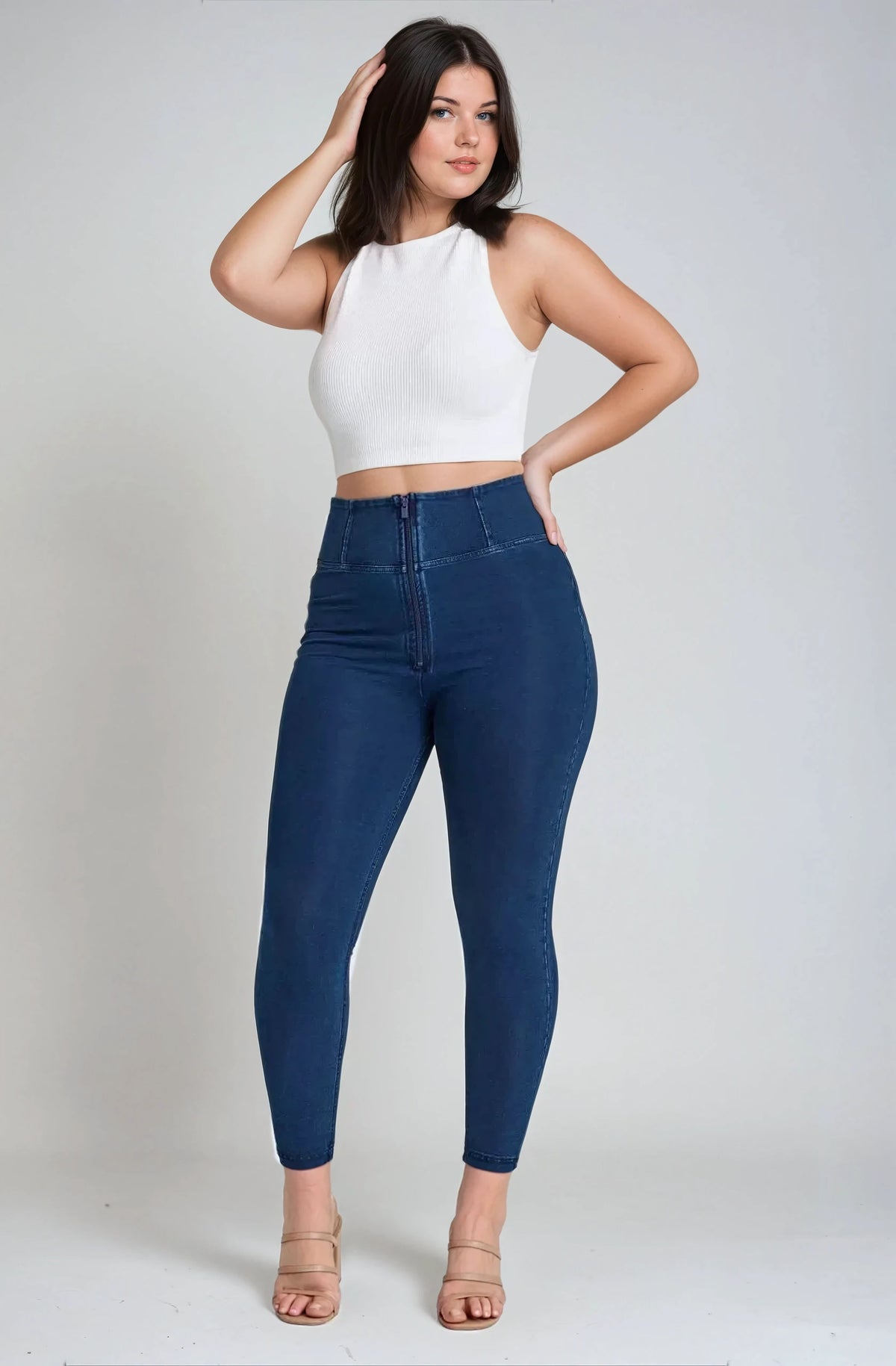 (WRUP1HC002NS-J0B) Bleu Curvy WR.UP® Push Up Jeans avec une haute taille et une fermeture éclair agrandi