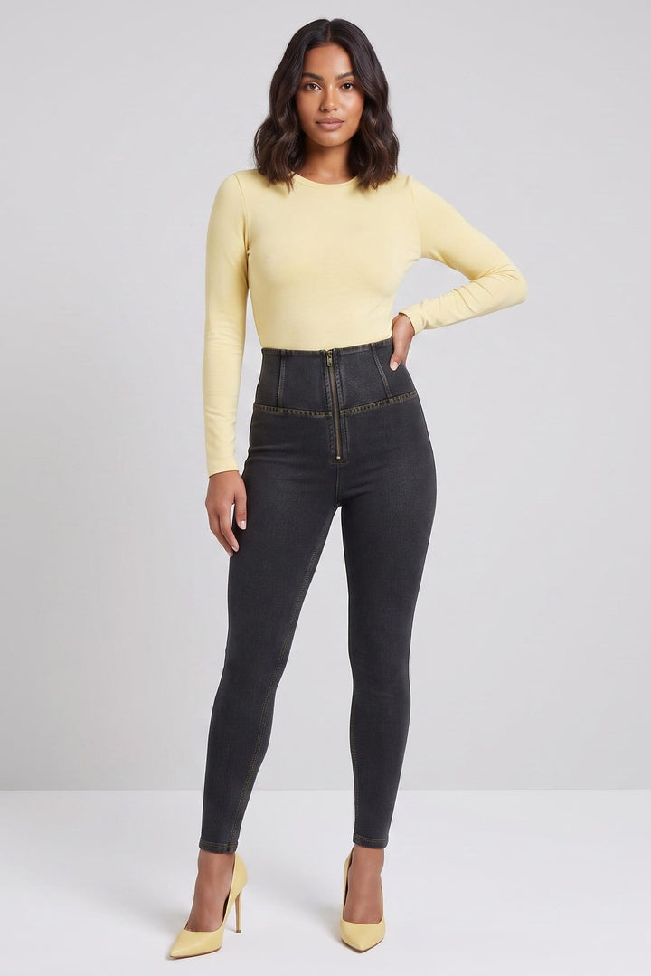 WRUP2HC002ORG-J7Y Zwarte WR.UP® met Hoge Taille en Zip in Denim Look