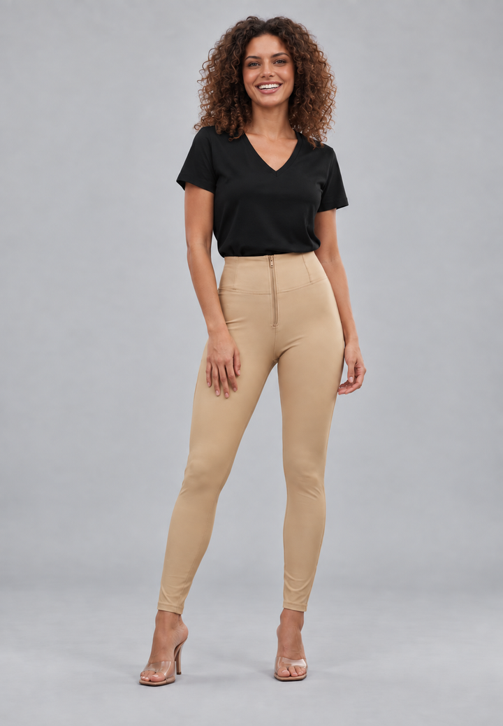 beige nude leather legging pants leatherlook vegan leather shine pushup shaping shapewear