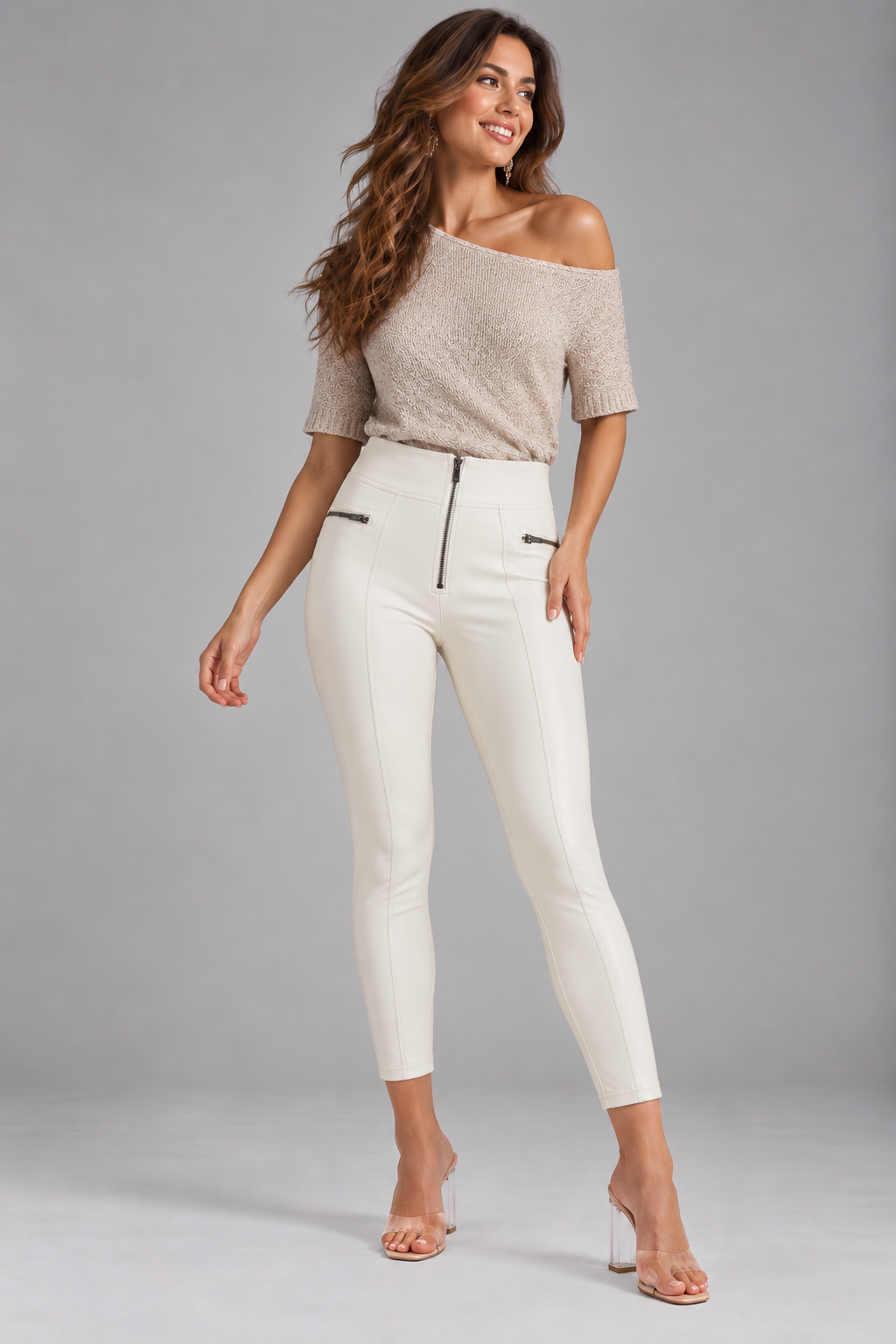 white leather shaping zip shorter high waist pushup