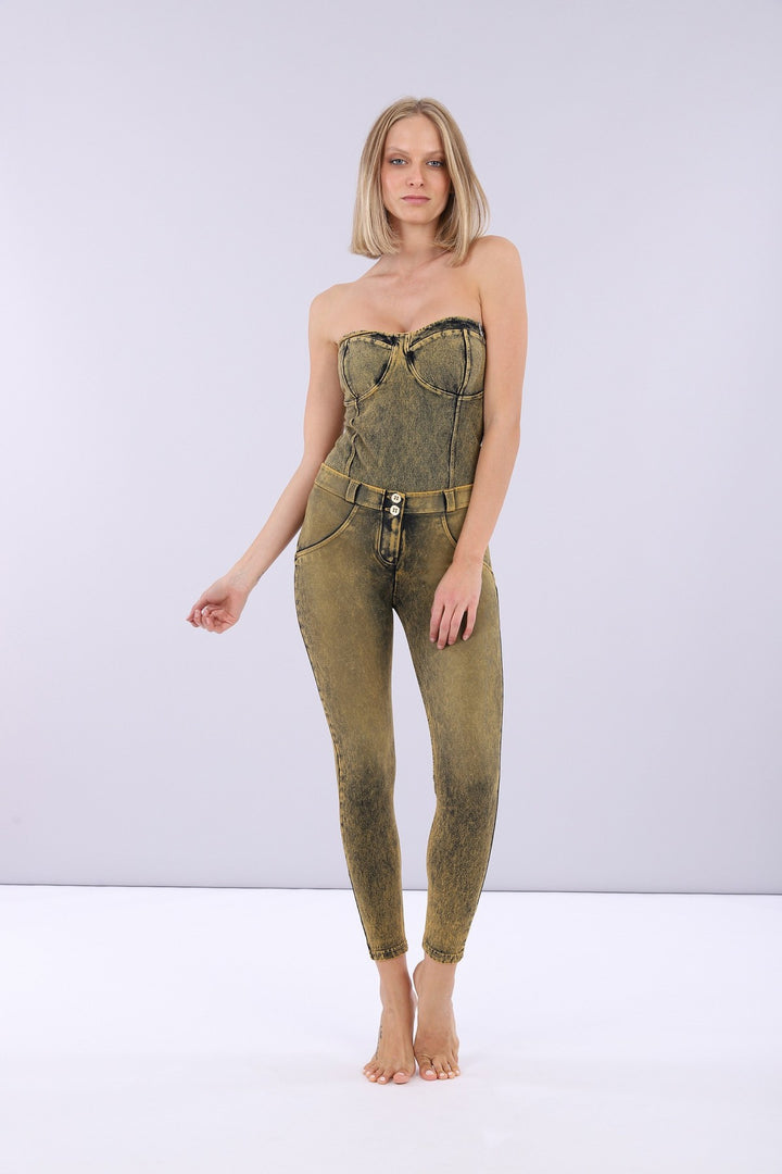 (S0WTWY5-J56Y) DYED AND ACID WASHED DENIM-EFFECT BODYSUIT