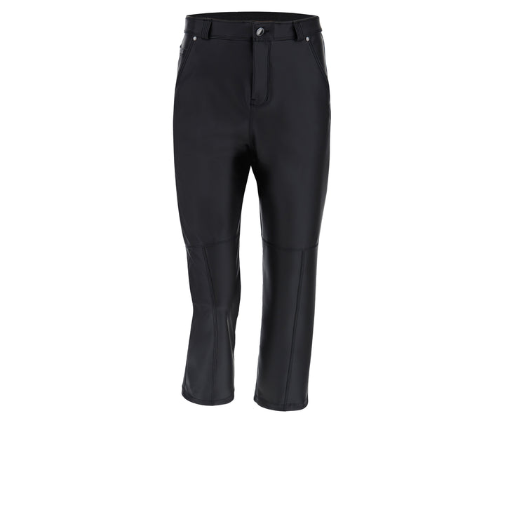 (BLACK15RF206-N) Freddy Momfit Zwarte Lederen Broek met Wijde Pijpen van Imitatieleer.