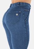 BLACK1HF202-J4B Blauwe Freddy Jeans met een Hoge Taille, Patch Pockets en een Hip Detail aan de Enkel