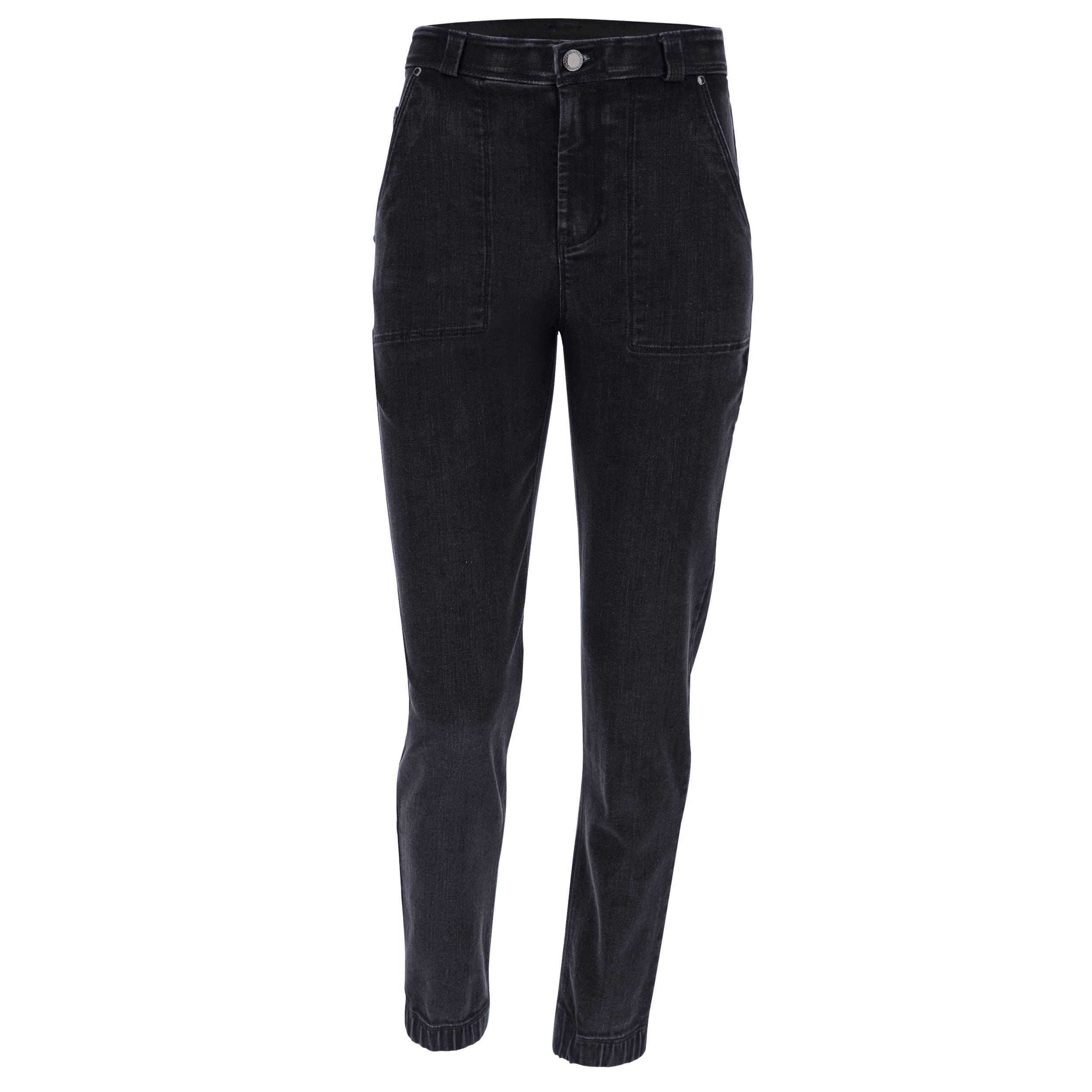 BLACK1HF202-J7N Zwarte Freddy Jeans met een Hoge Taille, Patch Pockets en een Hip Detail aan de Enkel