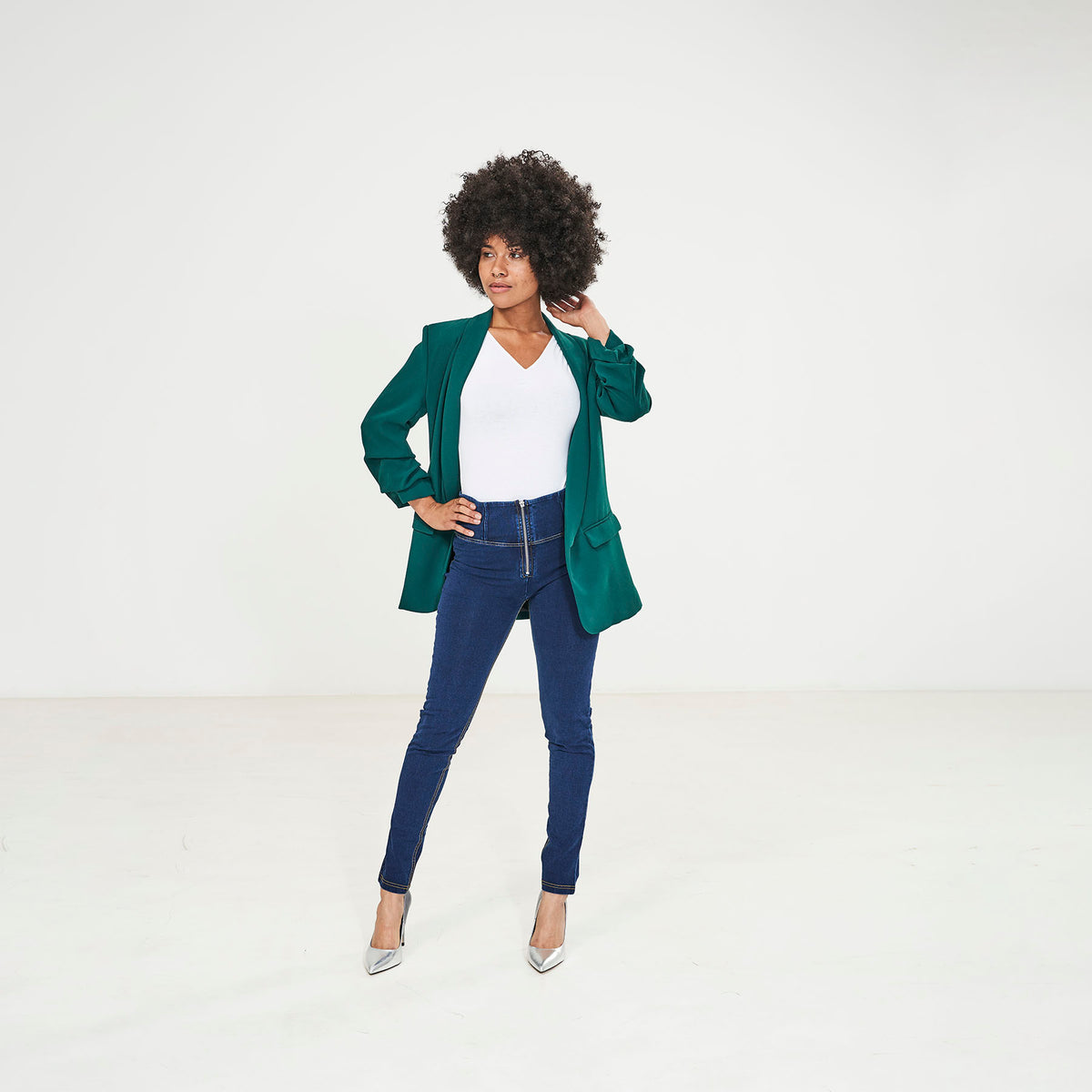 (WRUP1HJ01E-J0Y) PANTALON BLEU TAILLE HAUTE COUPE SKIN EN DENIM STRETCH AVEC FERMETURE ÉCLAIR ARGENTÉE