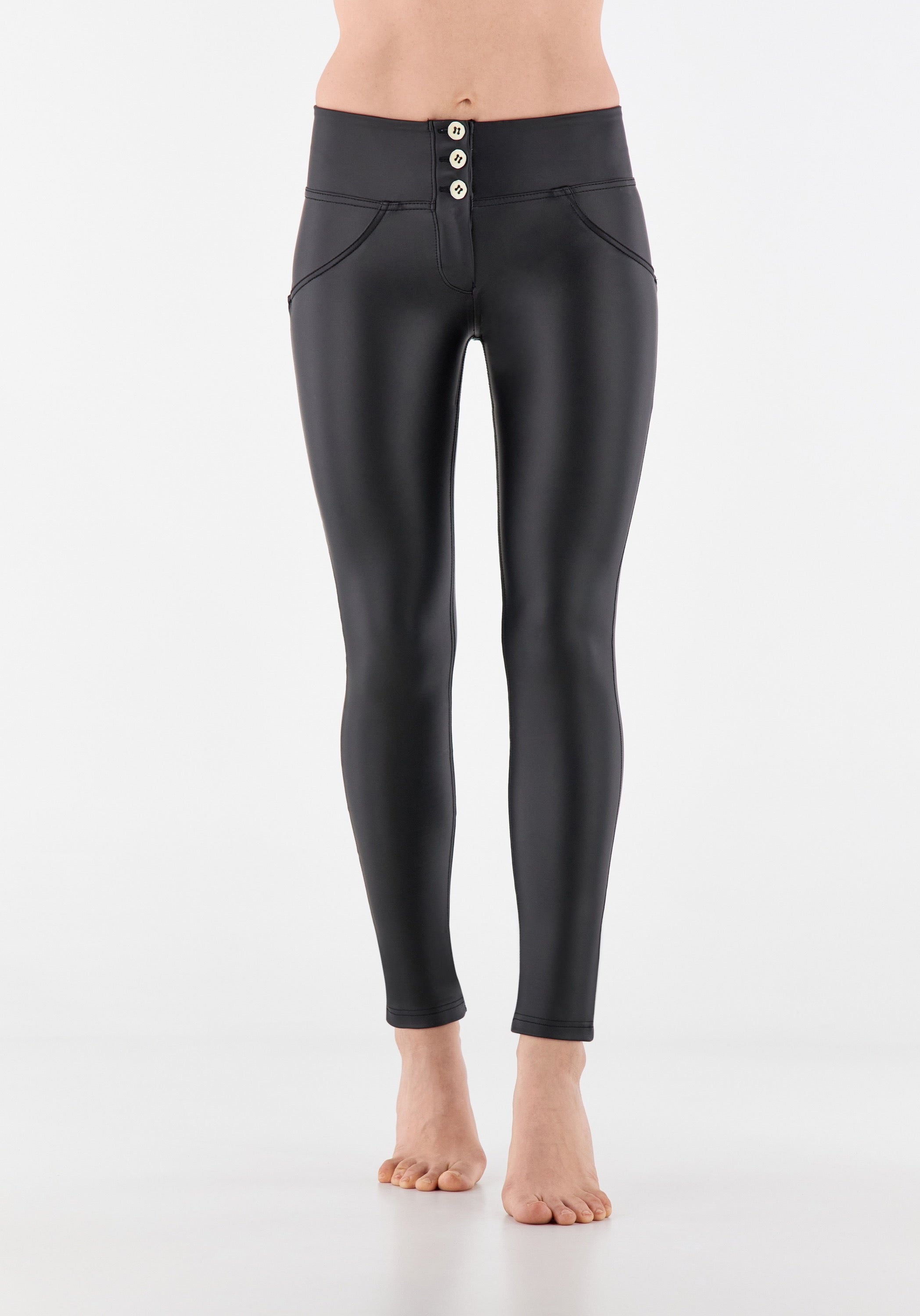 (WRUP1MC006P-N)MID-WAIST WR.UP® BLACK PANTS IN FAUX LEATHER