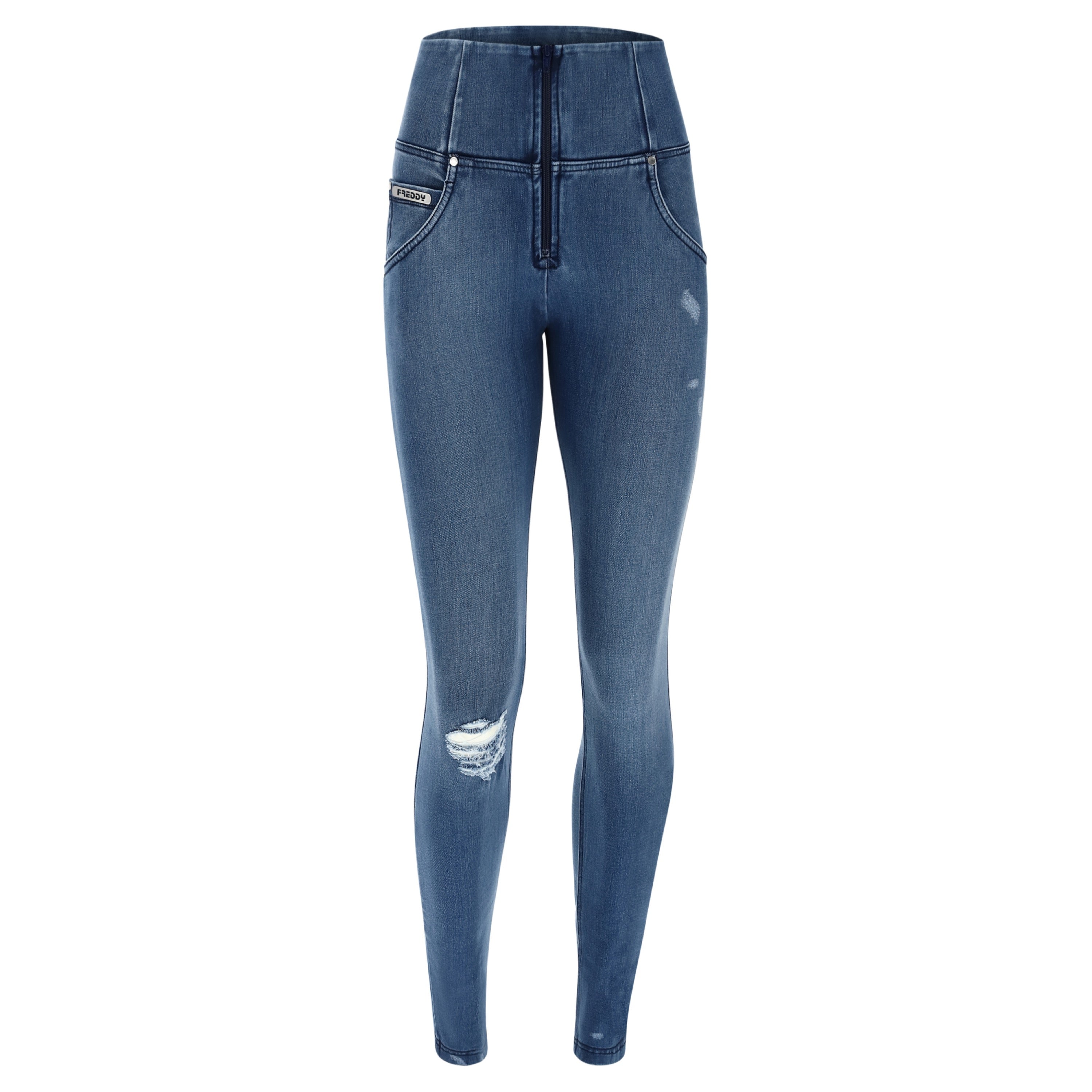 freddy jeans broek pants woven denim fitting high waist zipper rits hoge taille scheurtjes ripped blauw