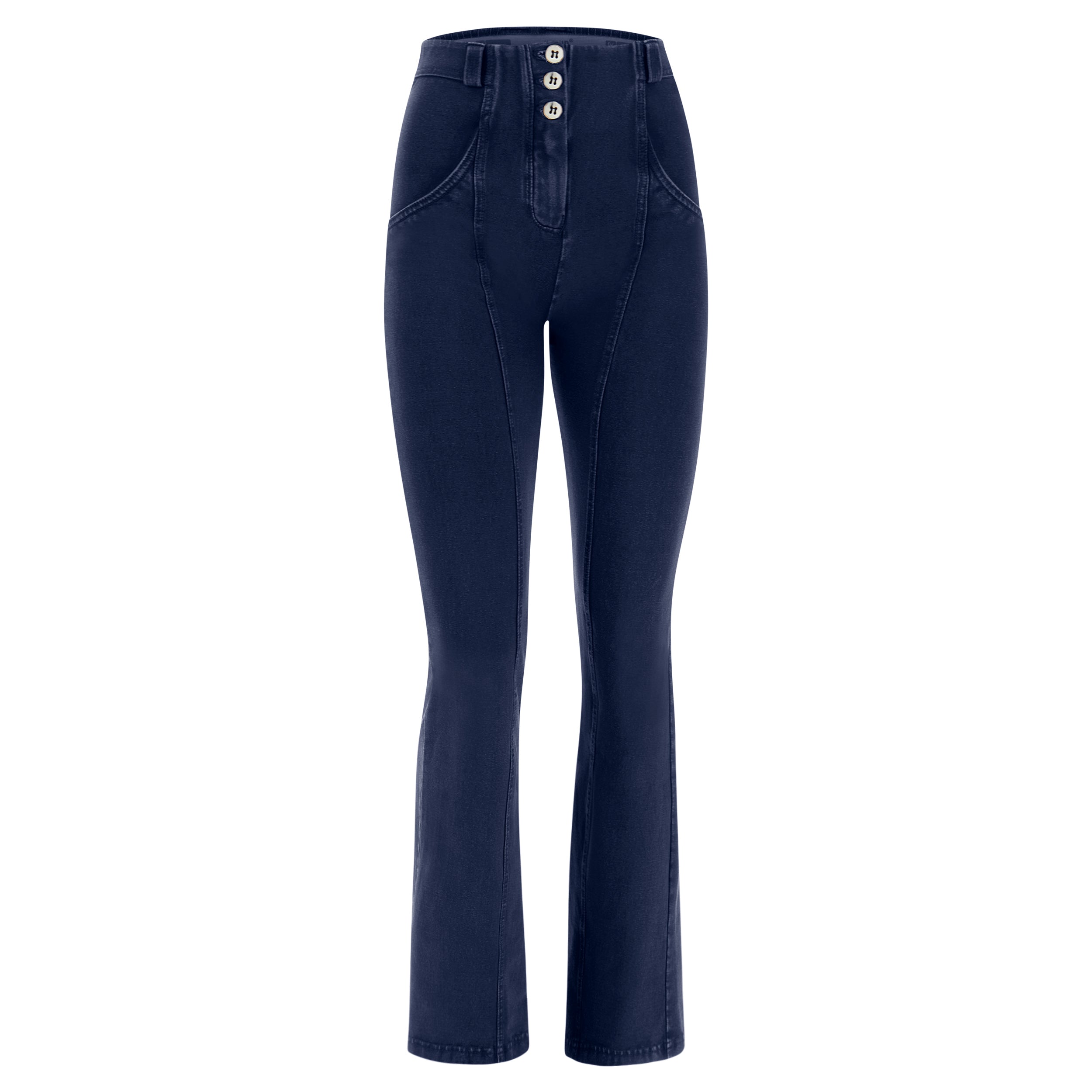 Flared jeans wijde pijp denim blauw stoer sixties pants jeans broek hoge taille high waist push up shape wear