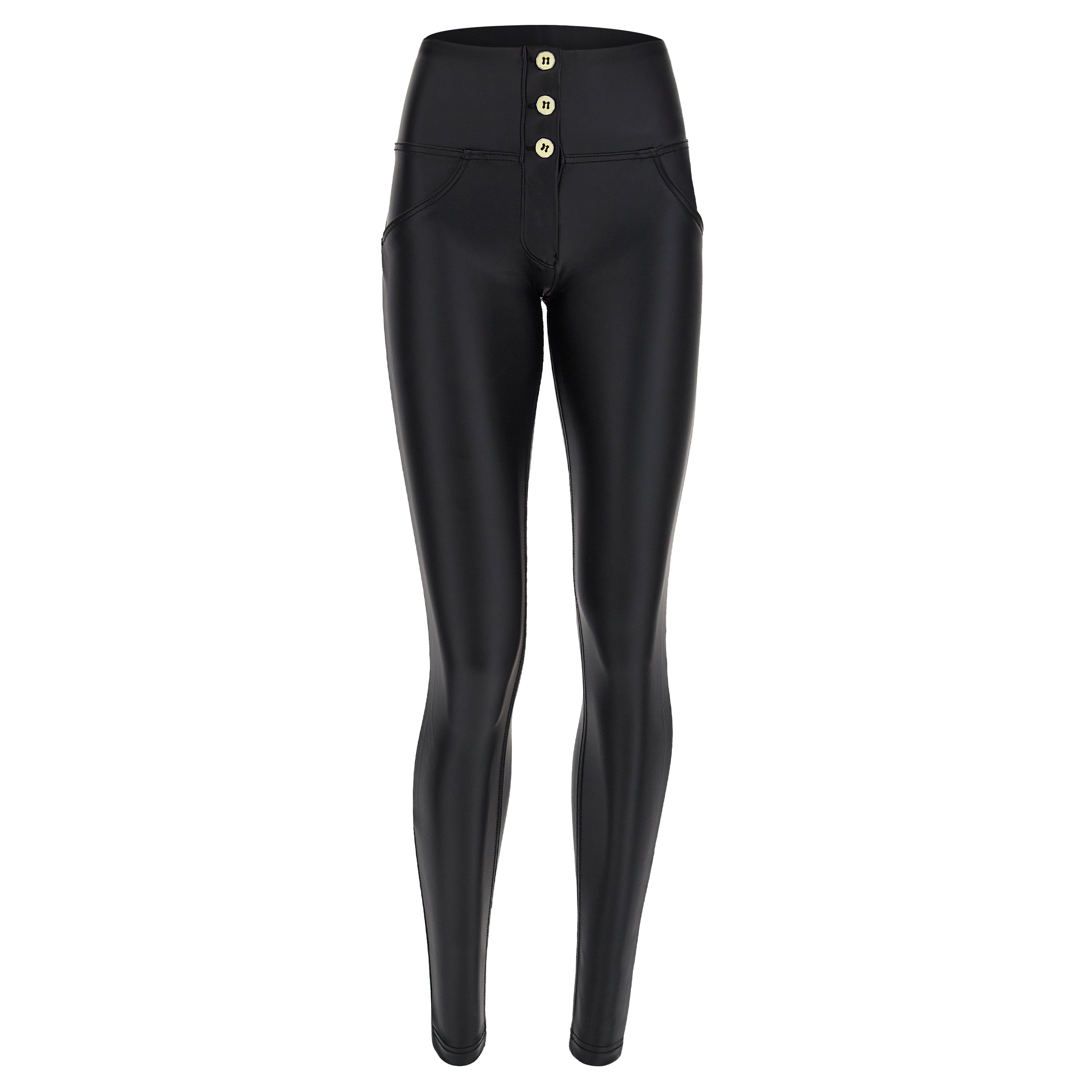 high waist freddy faux leather look hoge taille shaping push up comfort legging stretch buttons black zwart