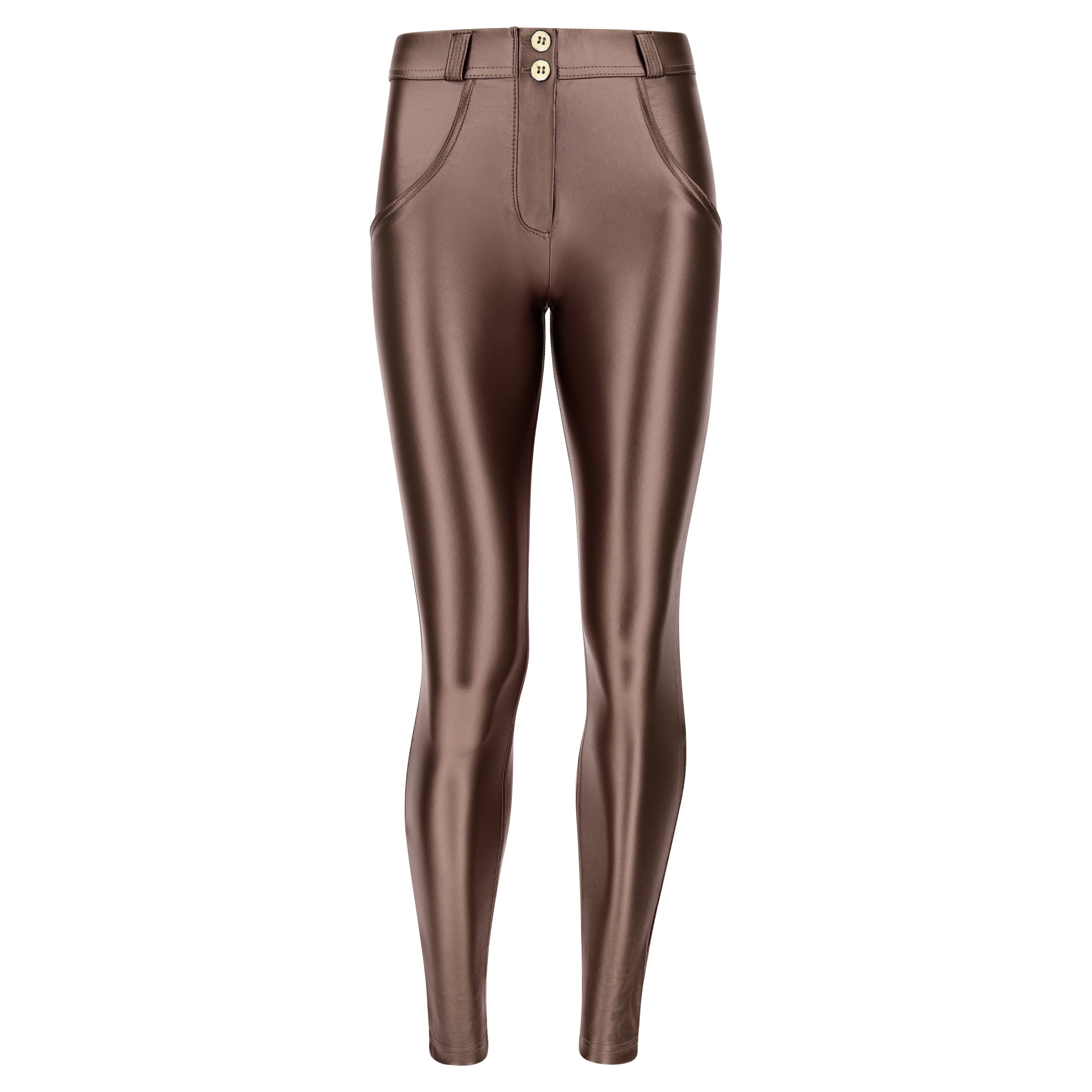 bronze brons bruin brown sexy glitter coated coating leatherlook broek pants push up shape shaping
