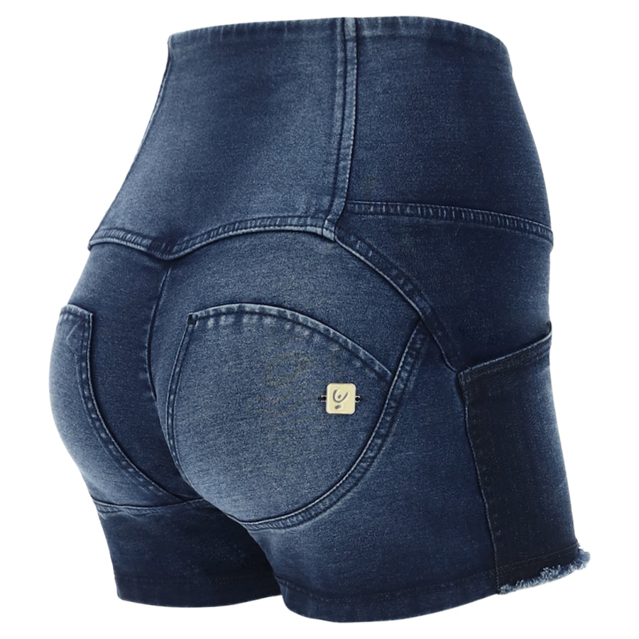 Short hippe taille haute avec boutonnière en denim bleu autre vue